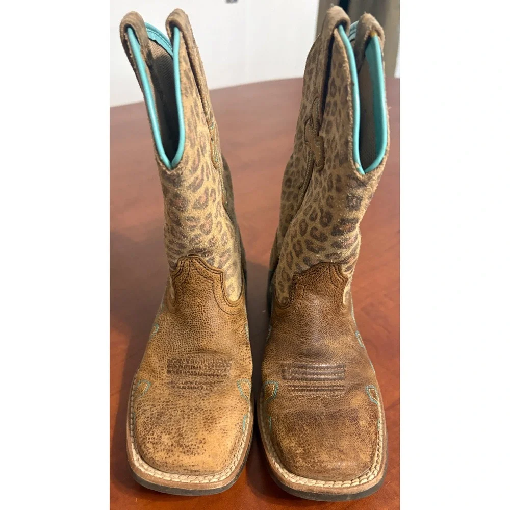 Ariat Kids Leopard Print Cross Western Cowboy Boots Brown Turquoise 10017311 10
